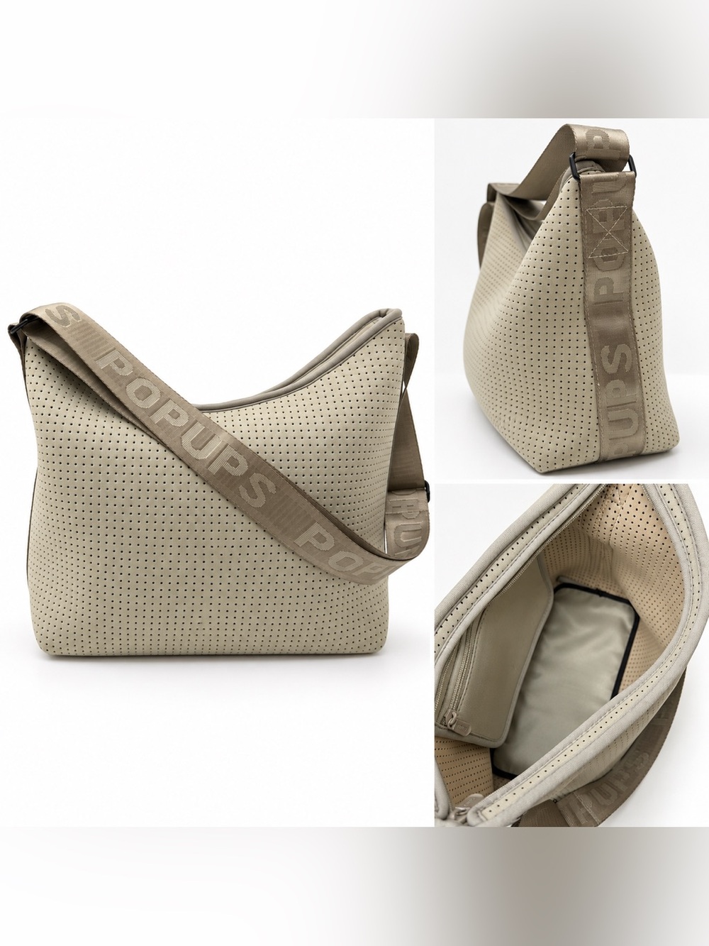 Popupshop Beige Perforated Shoulder Bag with Branded Strap